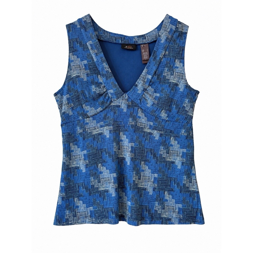 Ratio L Blue Geometric V Neck Sleeveless Lined Tank Top Blouse‎
